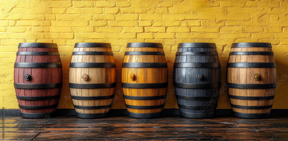 Poster a row of wooden barrels with different colors and sizes. the barrels are arranged in a line and are 