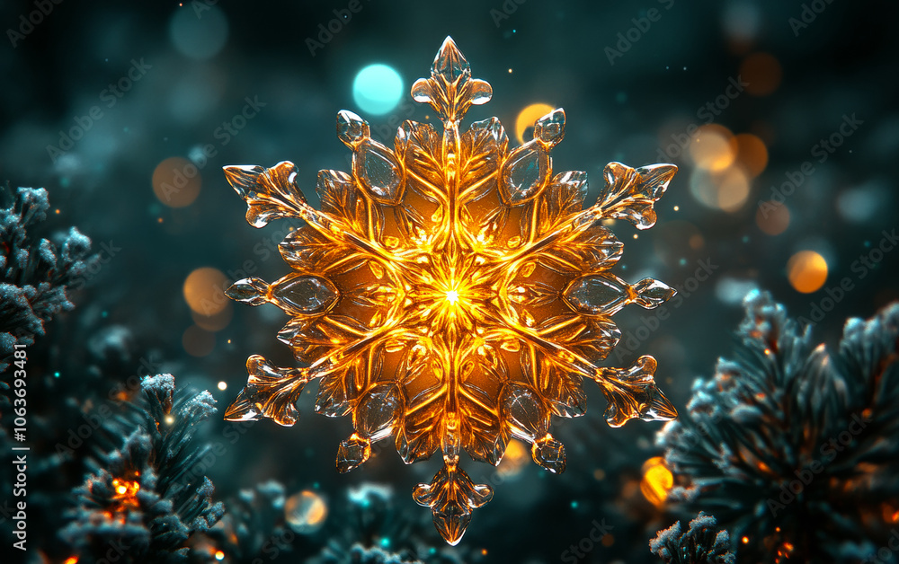 Poster a snowflake with a golden center is surrounded by a blue background. the snowflake is the main focus