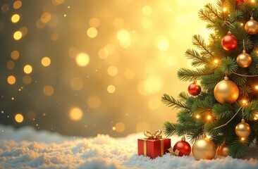 Festive Christmas tree with ornaments, glowing lights, and a wrapped gift