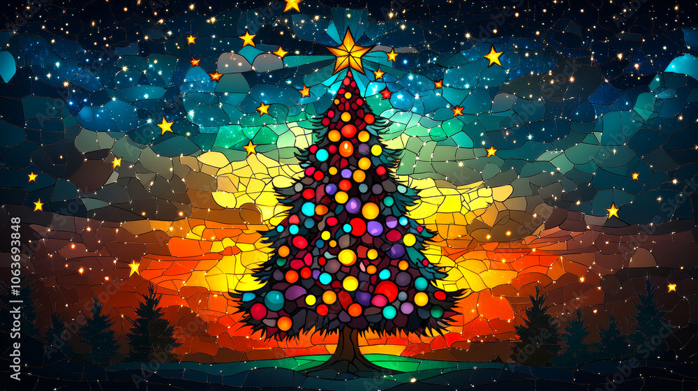 Poster a christmas tree with many colorful ornaments is displayed in a window. the tree is surrounded by a 