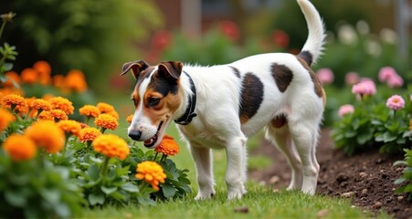 Playful dog enjoying a flower garden