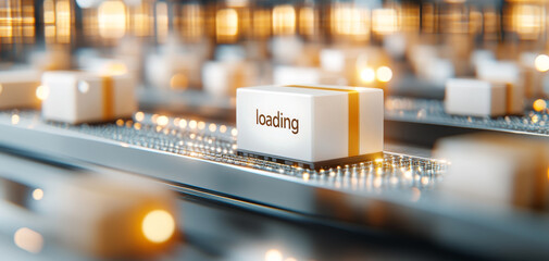 A close-up view of a loading package on a conveyor belt in a modern warehouse, showcasing efficiency and technology in logistics operations.