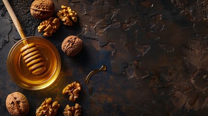 Golden Elegance: Honey and Walnuts Shine Against a Rich, Dark Backdrop"