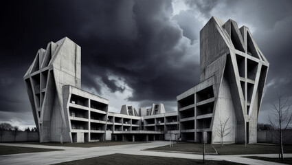 Naklejka premium Futuristic Brutalist Concrete Building Under Stormy Sky with Bold Geometrical