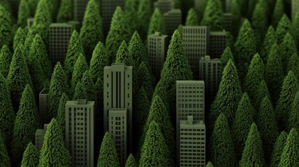 Green digital cityscape embedded within a matrix of binary code, visualizing the concept of sustainable urban planning in the digital age