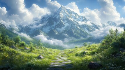 path leading to a majestic mountain peak surrounded by lush greenery and gentle sunlight inviting adventure and exploration through its serene landscape illustration
