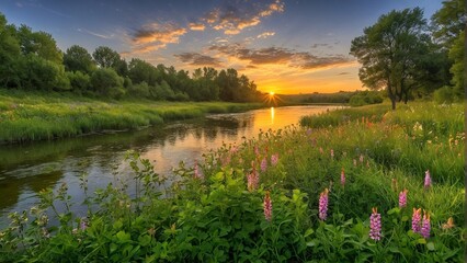 A serene sunset paints the sky with hues of orange and pink, casting a warm glow over a tranquil river and a field of pink and purple flowers.