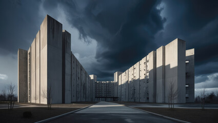 Obraz premium Massive Concrete Building with Brutalist Architecture Against Dark Stormy Sky