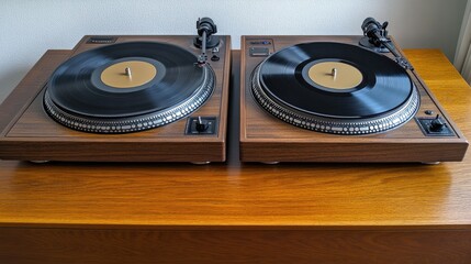 Two Turntables on a Wooden Table 