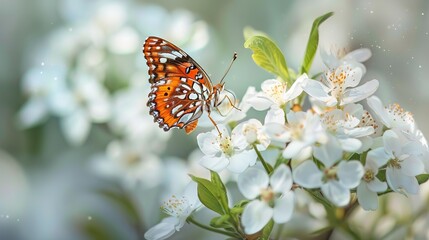 "Nature's Harmony: Fritillary Butterfly and White Blossoms in Perfect Balance"