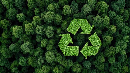 Lush green forest with overlaying arrows of recycling, symbolizing the interconnection between environmental conservation and nature s renewal cycle