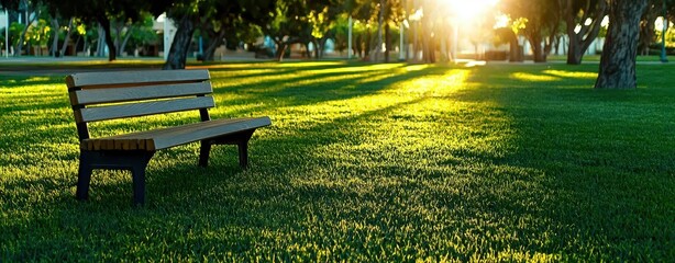 Peaceful urban park scene where modern architecture meets nature, with recycling icons subtly incorporated, conveying green harmony