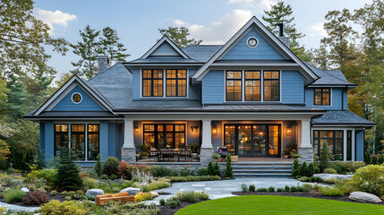 Naklejka premium Modern Blue House Exterior with Large Windows and Stone Accents - Realistic Image