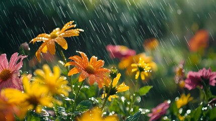 Vibrant garden soaked in rain with droplets clinging to colorful flower petals capturing the freshness of a spring shower