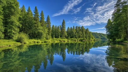 A serene forest lake reflects the surrounding trees and blue sky, creating a tranquil and picturesque scene.