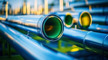 Naklejka premium Close-up of a Silver Pipe with a Green Interior and a Blurred Background