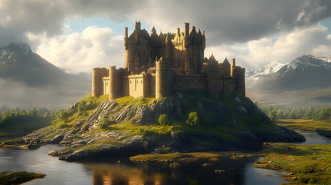 Stone Castle on Hilltop 3D Illustration