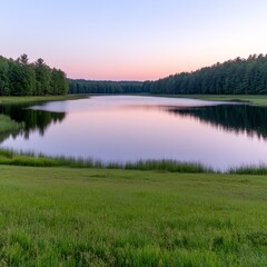 Obraz premium Serene lake at dusk reflecting trees and sky in tranquil surroundings.