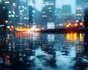 Moody Cityscape Reflected in Puddle During Rainstorm with Rippling Lights