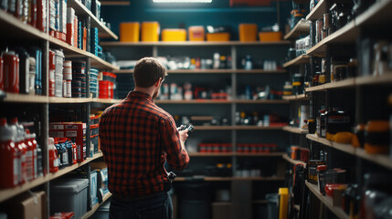 Fototapeta premium mechanic in checkered shirt examines tools in well stocked workshop. shelves are filled with various automotive supplies and equipment, creating busy and organized atmosphere