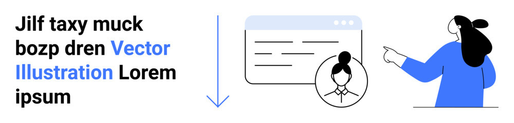 Businesswoman points to a profile interface with text elements and dropdown arrow. Features text and graphic elements. Ideal for presentations, online profiles, business websites, tutorials, user