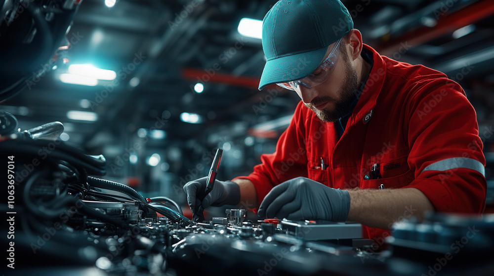 Poster focused mechanic inspects machinery with precision in workshop, showcasing dedication and skill