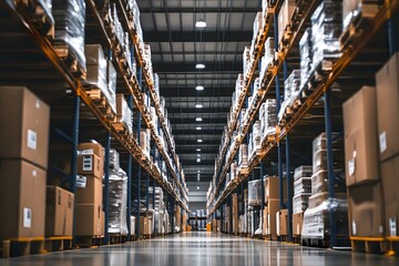 Fototapeta premium Symmetrical View of Warehouse Aisle from Ground Level