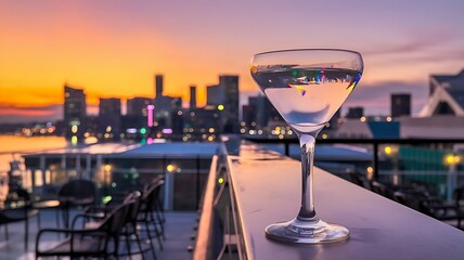 A Martini in a Glamorous Rooftop Bar at Sunset, Embodying Class and Chic Urban Vibes