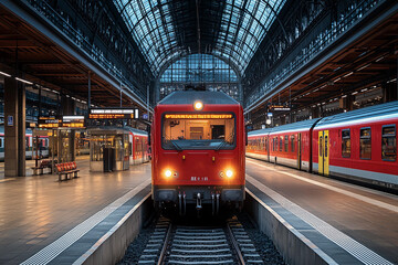 Red train arrives at a busy urban station during the early morning