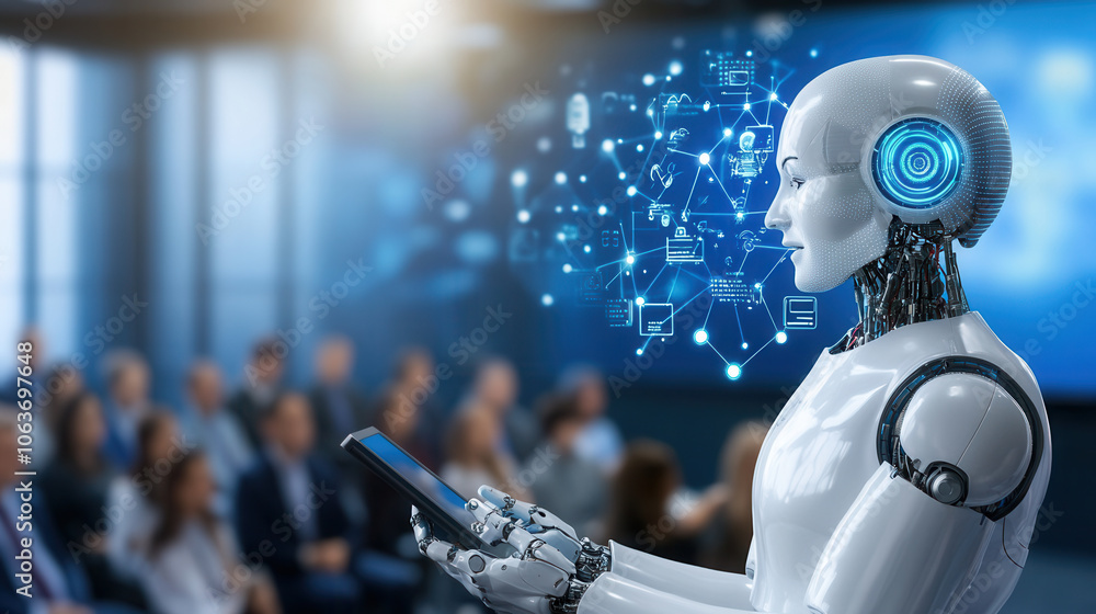 Poster engaging humanoid robot presenting technology insights to audience. scene captures futuristic atmosp