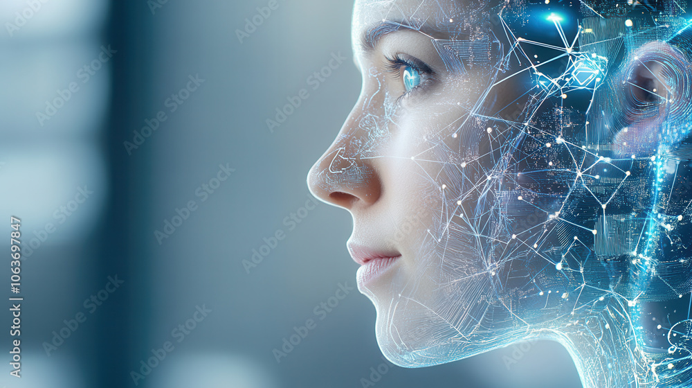 Poster humanoid robot with digital interface, showcasing future technologies and innovation. intricate desi