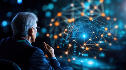 Innovative technologies future digital network technology conference humanoid discussion connectivity data visualization artificial intelligence virtual reality elderly man thoughtful modern abstract