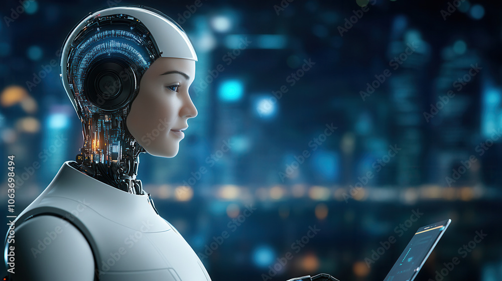 Poster humanoid robot with advanced technology interacting with device in futuristic cityscape, showcasing 
