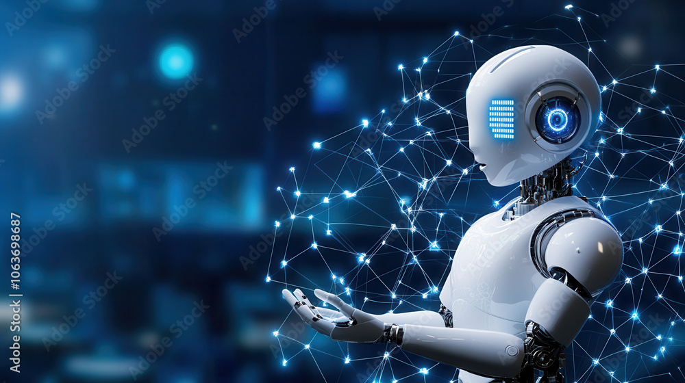 Poster humanoid robot with digital interface, showcasing advanced technology and connectivity in modern set