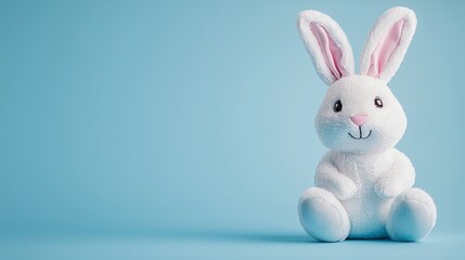 Obraz premium Weißes Kuscheltier - Osterhase sitzt vor Pastellblauem Hintergrund, freier Platz für Text 