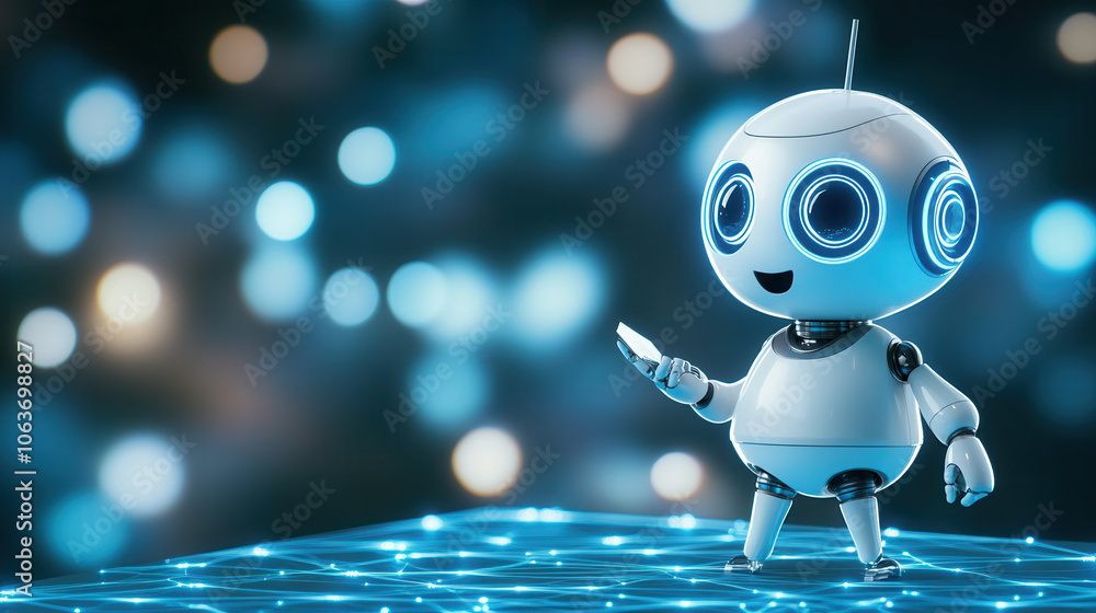 Poster cute humanoid robot with glowing eyes stands on digital platform, holding device. background feature