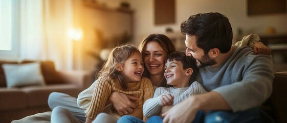 Happy family sit at home,hugging each other and having fun,family vacation concept for love.
