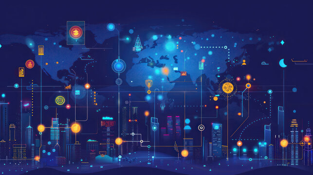 A visual representation of global banking infrastructure, with digital tools supporting seamless global finance management.