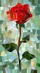 Mosaic painting of a red rose made from glass shards and stones