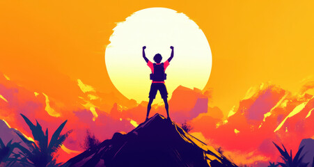 person stands triumphantly on mountain peak, silhouetted against vibrant sunset. scene conveys sense of achievement and adventure, surrounded by colorful landscapes