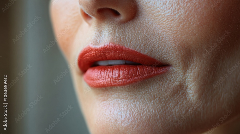 Poster a woman's lips are highlighted in close-up, displaying a bold shade of red lipstick. the soft light 