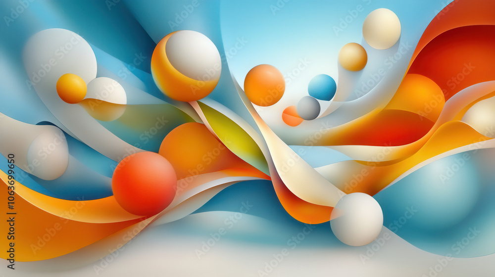 Poster vibrant abstract composition featuring colorful spheres and flowing shapes in blue, orange, and whit