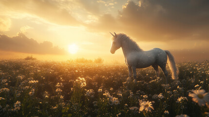 Shiny silver unicorn standing in flower field at sunset