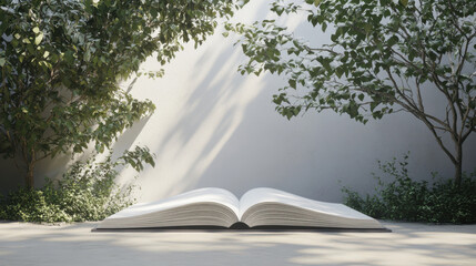 open book with blank pages rests on smooth surface, surrounded by lush greenery and soft shadows. serene setting invites creativity and imagination