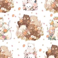 Seamless pattern on white backgroudn in pastel colors of cute bears around flowers and leaves sleeping baby animals - illustration for kids fabric, wallpaper, nursery decor