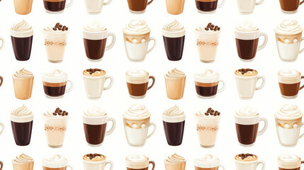 Seamless pattern of coffee lattes and cappuccinos with milk foam in white cups perfect for cafe menus and cookbooks