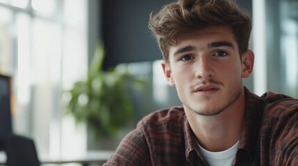 Young man in office setting, looking thoughtfully at camera with calm expression. modern workspace features natural light and greenery, creating serene atmosphere