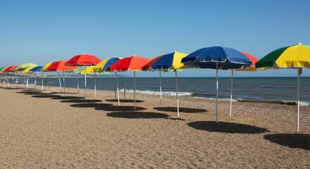 Fototapeta premium Colorful beach umbrellas lining sunny seaside