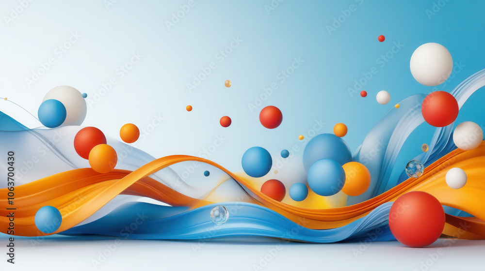 Poster vibrant abstract design featuring colorful spheres and flowing waves in blue, orange, and red, creat