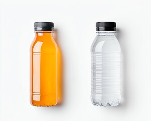 A vibrant orange drink and clear water bottle arranged side by side against a white background for refreshing beverage choice.